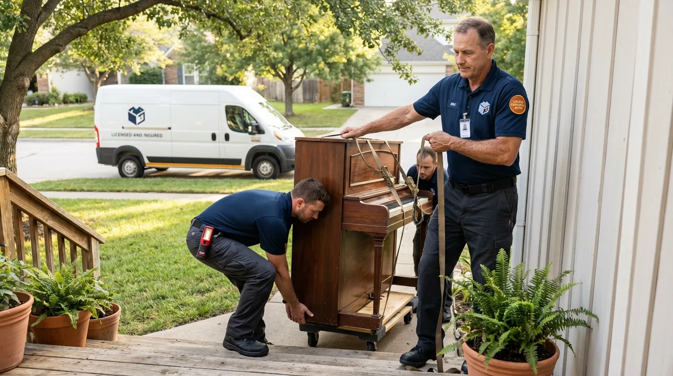 Licensed piano movers securing grand piano in Eastlake, OH