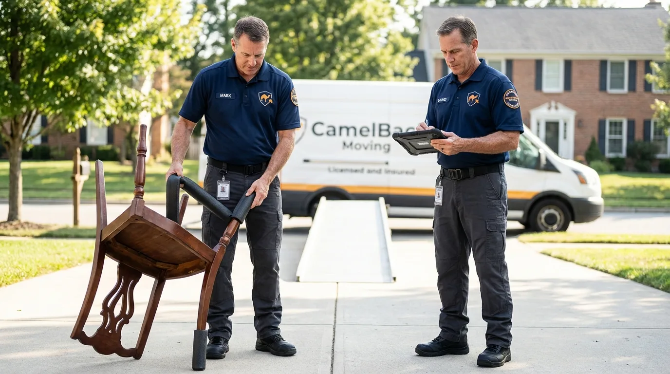 Movers inspecting furniture for damage prevention before loading in Eastlake, OH