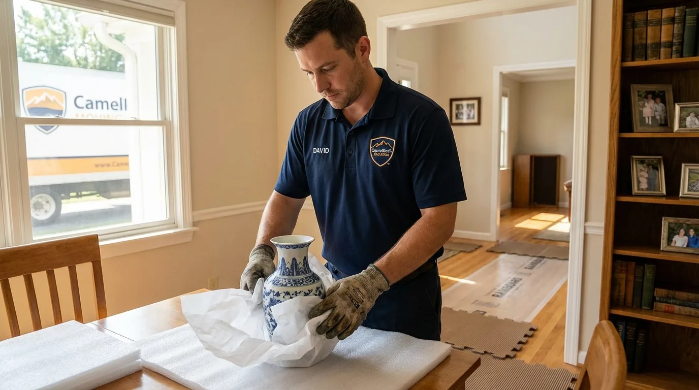Professional crew carefully wrapping antique vase for senior downsizing move in Eastlake, OH